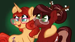 Size: 1280x727 | Tagged: safe, artist:cadetredshirt, derpibooru import, oc, oc:cadetpone, oc:harmonic key, unofficial characters only, earth pony, pony, unicorn, artificial intelligence, chopsticks, chopsticks in hair, cutie mark, female, glasses, green eyes, hair bun, horn, hug, looking at someone, open mouth, smiling, turquoise eyes, two toned mane, two toned tail, watermark