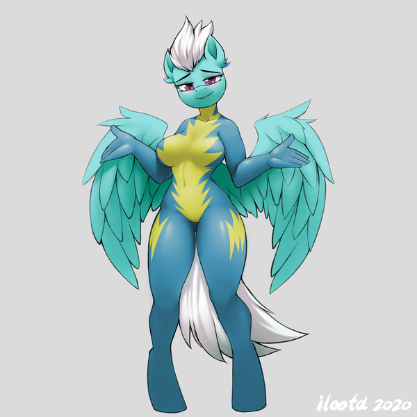 Size: 1000x1000 | Tagged: anthro, artist:iloota, bedroom eyes, blushing, bodysuit, breasts, busty fleetfoot, cameltoe, clothes, derpibooru import, female, fleetfoot, gray background, looking at you, mare, pegasus, questionable, shrug, simple background, skintight clothes, solo, solo female, spread wings, tight clothing, unguligrade anthro, uniform, wings, wonderbolts uniform