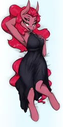 Size: 498x1000 | Tagged: safe, artist:kennzeichen, derpibooru import, oc, oc:four eyes, anthro, armpits, bed, bedroom eyes, black dress, body pillow, body pillow design, clothes, dress, female, laying on bed, looking at you, lying down, on bed, solo, tongue out