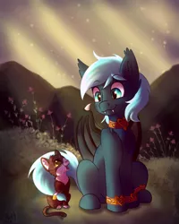 Size: 864x1080 | Tagged: safe, artist:zobaloba, derpibooru import, oc, oc:guttatus, bat pony, cat, pony, commission, cute, digital art, flower, forest, friendship, fullbody, grass, pet, rock, ych example, ych result, your character here