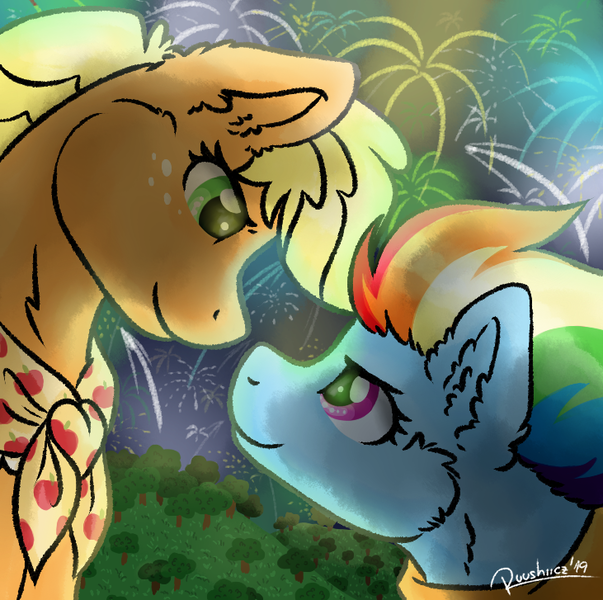 Size: 731x727 | Tagged: safe, artist:ruushiicz, derpibooru import, applejack, rainbow dash, earth pony, pegasus, the last problem, appledash, female, fireworks, granny smith's scarf, lesbian, looking at each other, new year, older, older applejack, older rainbow dash, orchard, shipping