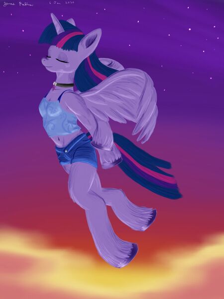 Size: 1600x2134 | Tagged: alicorn, anthro, artist:rockhoppr3, belly button, choker, clothes, denim shorts, derpibooru import, eyes closed, midriff, safe, shorts, solo, tanktop, twilight sparkle, twilight sparkle (alicorn), unshorn fetlocks