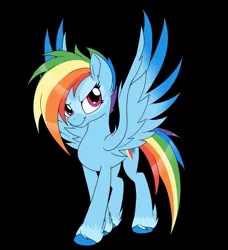 Size: 1095x1200 | Tagged: safe, artist:xforevayoung18x, derpibooru import, rainbow dash, pegasus, pony, leak, spoiler:g5, badass, black background, colored wings, colored wingtips, female, g5, hooves, mare, rainbow dash (g5), redesign, simple background, smiling, smirk, spread wings, wings