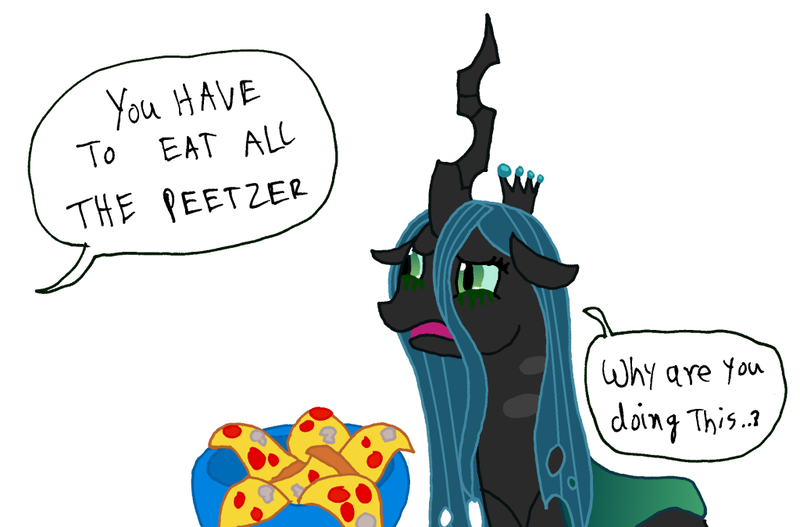 Size: 1024x674 | Tagged: artist:hakar-kerarmor, changeling, changeling queen, crying, derpibooru import, dialogue, female, food, implied princess cadance, mare, meat, meme, mushroom, offscreen character, peetzer, pepperoni, pepperoni pizza, pizza, queen chrysalis, safe, simple background, white background, you have to eat all the eggs