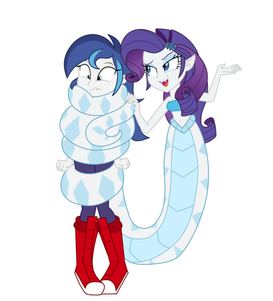 Size: 2000x2200 | Tagged: suggestive, artist:wubcakeva, derpibooru import, rarity, shining armor, lamia, original species, equestria girls, bondage, coils, commission, commissioner:alkonium, equestria guys, female, gleaming shield, half r63 shipping, infidelity, lamiafied, lesbian, male, rariarmor, rarigleam, rule 63, shipping, simple background, species swap, straight, transparent background