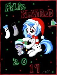 Size: 1024x1337 | Tagged: safe, artist:rammzblood, derpibooru import, octavia melody, vinyl scratch, earth pony, pony, unicorn, 2019, angry, baby, baby pony, christmas, clothes, crossed hooves, diaper, duo, duo female, female, hat, holiday, mare, octavia is not amused, potion, santa hat, scarf, smiling, socks, spanish, text, unamused, younger