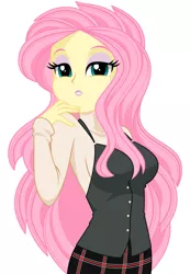 Size: 891x1284 | Tagged: safe, artist:rosemile mulberry, derpibooru import, fluttershy, equestria girls, alternate costumes, breasts, clothes, female, lidded eyes, lipstick, looking at you, school uniform, sideboob, simple background, solo, white background