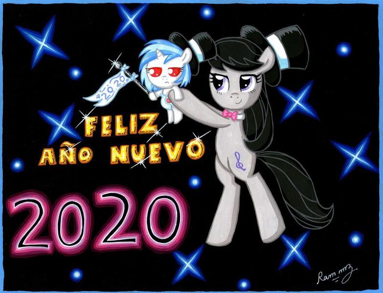 Size: 1024x785 | Tagged: safe, artist:rammzblood, derpibooru import, octavia melody, vinyl scratch, earth pony, pony, unicorn, baby, baby pony, bipedal, bowtie, diaper, duo, duo female, female, happy new year, happy new year 2020, hat, holding a pony, holiday, mare, smiling, spanish, text, top hat, unamused, vinyl is not amused, younger