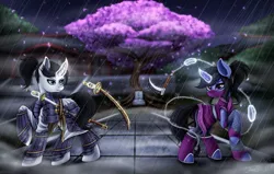 Size: 1121x713 | Tagged: safe, artist:hoodiefoxy, derpibooru import, oc, oc:shiro reisu, oc:shiruku yoru, unofficial characters only, pony, unicorn, armor, badass, cherry blossoms, cherry tree, flower, flower blossom, grave, japanese, kasurigama, katana, night, rain, samurai, scenery, sword, temple, tree, weapon