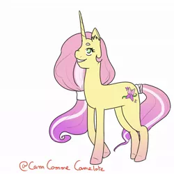 Size: 1024x1024 | Tagged: safe, artist:camcommecamelote, derpibooru import, fluttershy, pony, unicorn, leak, spoiler:g5, fluttershy (g5), g5, long hair, race swap, redesign, simple background, solo, unicorn fluttershy, white background