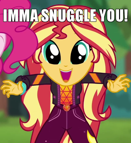 Size: 550x600 | Tagged: safe, derpibooru import, edit, edited screencap, screencap, pinkie pie, sunset shimmer, equestria girls, equestria girls series, wake up!, spoiler:choose your own ending (season 2), spoiler:eqg series (season 2), caption, cropped, cute, dilated pupils, female, geode of empathy, geode of sugar bombs, image macro, imma snuggle you, incoming hug, magical geodes, meme, shimmerbetes, snuggles?, solo focus, sugar rush, text, wake up!: pinkie pie