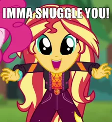 Size: 550x600 | Tagged: safe, derpibooru import, edit, edited screencap, screencap, pinkie pie, sunset shimmer, equestria girls, equestria girls series, wake up!, spoiler:choose your own ending (season 2), spoiler:eqg series (season 2), caption, cropped, cute, dilated pupils, female, geode of empathy, geode of sugar bombs, image macro, imma snuggle you, incoming hug, magical geodes, meme, shimmerbetes, snuggles?, solo focus, sugar rush, text, wake up!: pinkie pie