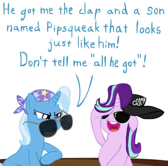 Size: 568x559 | Tagged: suggestive, artist:loserofhope, derpibooru import, starlight glimmer, trixie, pony, unicorn, bandana, baseball cap, cap, dialogue, female, hat, implied pipsqueak, laughing, mare, missing accessory, obscure reference, open mouth, sitting, snapback, sunglasses