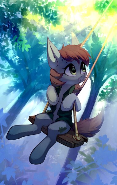 Size: 2080x3275 | Tagged: safe, artist:taneysha, derpibooru import, oc, oc:kova, unofficial characters only, earth pony, pony, crepuscular rays, female, forest, looking up, mare, outdoors, solo, sun, swing, swinging, tree