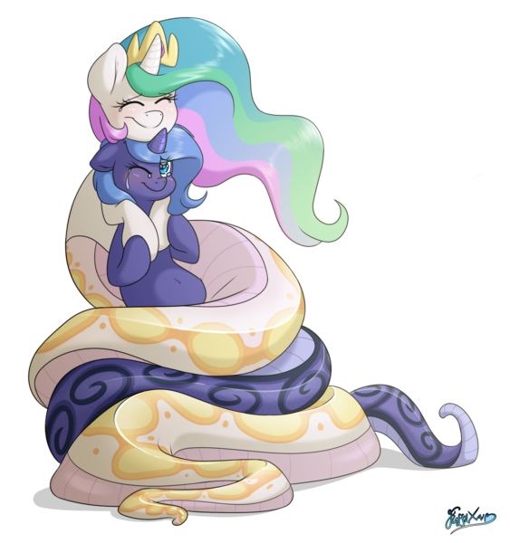 Size: 3000x3200 | Tagged: artist:fluffyxai, belly button, blushing, coiling, coils, crying, derpibooru import, eye clipping through hair, female, filly, high res, hug, lamia, lamiafied, original species, princess celestia, princess luna, royal sisters, s1 luna, safe, siblings, simple background, sisters, smiling, snake, snakelestia, snake pony, species swap, tears of joy, transparent background, woona, younger