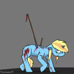 Size: 600x600 | Tagged: semi-grimdark, artist:skydreams, derpibooru import, oc, oc:skydreams, unofficial characters only, pony, unicorn, bleeding, blood, crying, female, mare, spear, stabbed, tail between legs, vent art, weapon