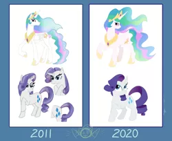 Size: 1908x1560 | Tagged: safe, artist:necrofeline, derpibooru import, princess celestia, rarity, alicorn, pony, unicorn, 2011 vs 2020, art progress, comparison, draw this again, redraw