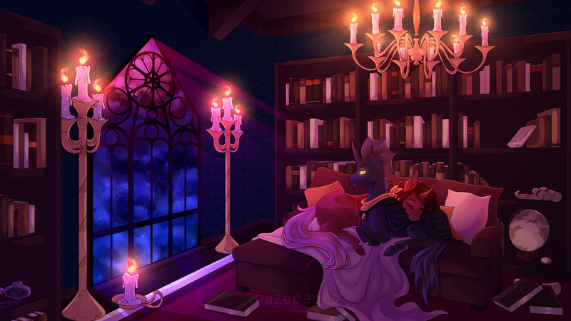 Size: 4320x2430 | Tagged: artist:hazepages, blanket, book, bookshelf, candle, chandelier, changeling, cloud, couch, derpibooru import, globe, inkwell, library, night, oc, oc:flavis, oc:red flux, pillow, quill, red changeling, safe, scroll, window, yellow changeling