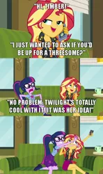 Size: 640x1080 | Tagged: suggestive, derpibooru import, edit, edited screencap, screencap, sci-twi, sunset shimmer, twilight sparkle, equestria girls, equestria girls series, text support, caption, comic, dialogue, geode of empathy, geode of telekinesis, image macro, implied group sex, implied lesbian, implied scitwishimmer, implied sex, implied shipping, implied straight, implied threesome, implied timber spruce, implied timbershimmer, implied timbertwi, magical geodes, meme, mobile phone, phone, screencap comic, smartphone, talking, text, text support: sunset shimmer, troll