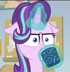 Size: 565x576 | Tagged: safe, derpibooru import, screencap, starlight glimmer, pony, unicorn, marks for effort, chocolate, cropped, drink, drinking, empathy cocoa, floppy ears, food, glow, glowing cup, glowing horn, horn, hot chocolate, lifting, shrunken pupils, solo, starlight is not amused, starlight's office, unamused