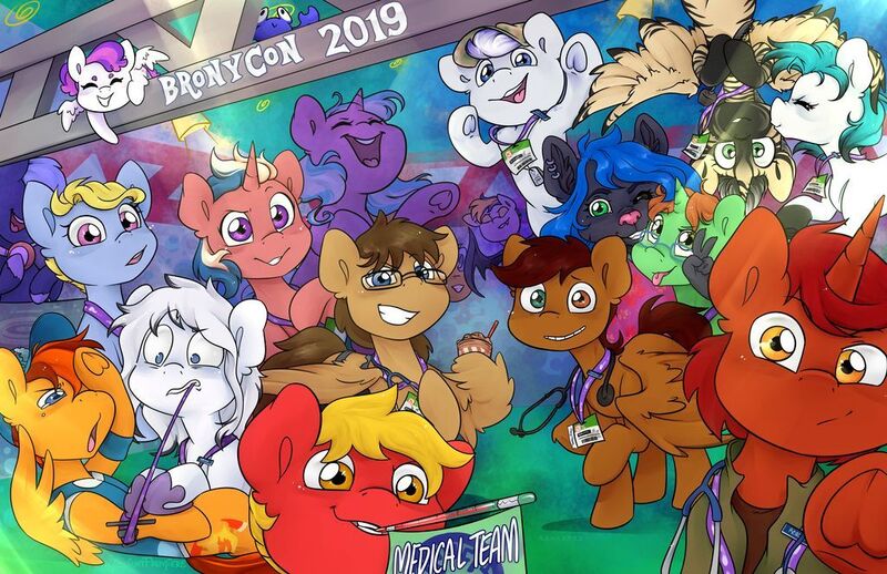 Size: 1024x663 | Tagged: artist:midnightpremiere, bronycon, crab, derpibooru import, mascot, medic, medical team, oc, oc:blank canvas, oc:blazing star, oc:clover, oc:coach, oc:hoof beatz, oc:kevin, oc:mane event, oc:peridot, oc:redcap, oc:sparrow, oc:squirrel, safe, text