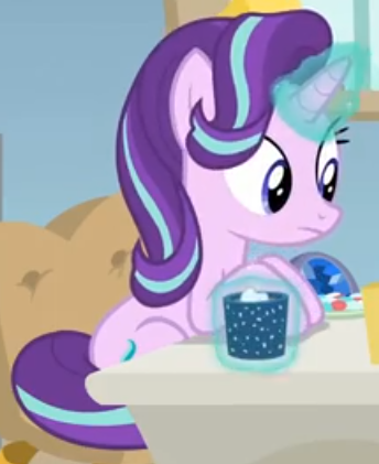 Size: 344x421 | Tagged: safe, derpibooru import, screencap, starlight glimmer, pony, unicorn, marks for effort, chocolate, cropped, desk, empathy cocoa, food, glow, glowing cup, glowing horn, hooves on the table, horn, hot chocolate, looking at someone, marshmallows, sitting, solo, starlight's office