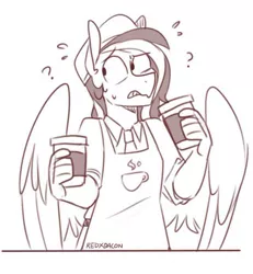 Size: 640x693 | Tagged: anthro, anthro oc, apron, artist:redxbacon, cafe, cafeteria, clothes, coffee, coffee cup, confused, cup, derpibooru import, male, monochrome, necktie, oc, oc:margon, pegasus, question mark, safe, shirt, simple background, solo, sweat, sweatdrop, unofficial characters only, white background