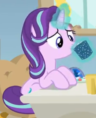 Size: 368x450 | Tagged: safe, derpibooru import, screencap, starlight glimmer, pony, unicorn, marks for effort, chocolate, cropped, drink, drinking, empathy cocoa, food, glowing cup, glowing horn, hooves on the table, horn, hot chocolate, lifting, looking at something, marshmallows, sitting, solo, starlight's office