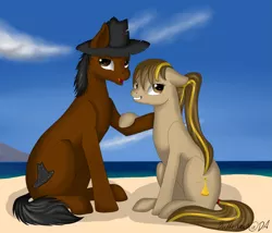 Size: 2645x2267 | Tagged: safe, artist:dreamyartcosplay, derpibooru import, oc, unofficial characters only, earth pony, pony, beach, cloud, earth pony oc, female, grin, hat, male, mare, signature, sitting, smiling, stallion