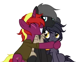 Size: 1916x1569 | Tagged: safe, artist:alfury, derpibooru import, oc, oc:cherry twister, oc:mir, oc:simo, earth pony, pegasus, unicorn, beret, eye scar, grin, group hug, hat, hug, mirmo, scar, simple background, skeptical, smiling, transparent background