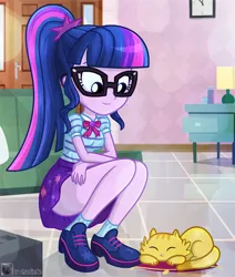 Size: 624x736 | Tagged: safe, artist:charliexe, derpibooru import, sci-twi, twilight sparkle, cat, equestria girls, equestria girls series, clothes, cute, digital art, dress, female, geode of telekinesis, glasses, legs, magical geodes, ponytail, schrödinger's pantsu, shoes, skirt, smiling, socks, solo, thighs, twiabetes, upskirt