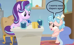 Size: 858x521 | Tagged: chocolate, cozy glow, cropped, derpibooru import, edit, edited screencap, empathy cocoa, fetish, food, hot chocolate, implied diaper fetish, marks for effort, screencap, starlight glimmer, suggestive