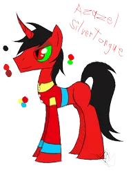 Size: 888x1150 | Tagged: safe, artist:didun850, derpibooru import, oc, oc:azazel silvertongue, unofficial characters only, pony, unicorn, clothes, grin, horn, red and black oc, reference sheet, signature, simple background, slit eyes, smiling, solo, transparent background, unicorn oc