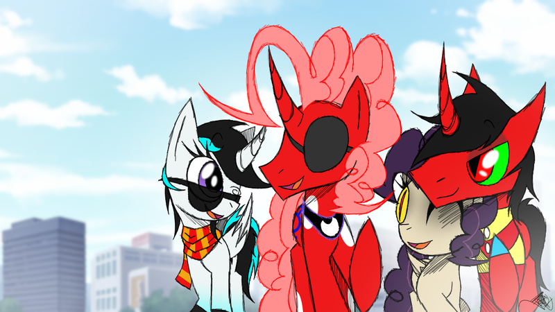 Size: 1280x720 | Tagged: artist:didun850, building, clothes, cloud, curved horn, derpibooru import, eyepatch, female, horn, male, mare, oc, oc:ai, oc:azazel silvertongue, oc:hydro rose, oc:miu ecarter, one eye closed, peytral, raised hoof, safe, scarf, slit eyes, smiling, stallion, sunglasses, unofficial characters only, wink