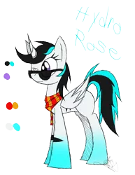 Size: 888x1150 | Tagged: safe, artist:didun850, derpibooru import, oc, oc:hydro rose, unofficial characters only, alicorn, pony, alicorn oc, clothes, female, horn, mare, one eye closed, reference sheet, scarf, signature, simple background, sunglasses, text, transparent background, wings, wink