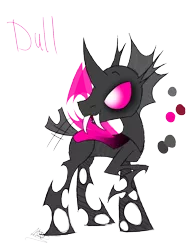 Size: 888x1150 | Tagged: artist:didun850, changeling, changeling oc, derpibooru import, fangs, looking back, oc, oc:dull, pink changeling, raised hoof, reference sheet, safe, signature, simple background, solo, text, transparent background, unofficial characters only