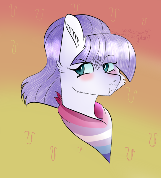 Size: 922x1017 | Tagged: safe, artist:snowflakecrystalyt, derpibooru import, oc, oc:glimmering shores, unofficial characters only, earth pony, pony, :t, bandana, bigender, bigender pride flag, bust, commission, facial hair, female, mare, ponytail, pouting, pride, pride flag, solo