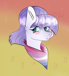 Size: 922x1017 | Tagged: safe, artist:snowflakecrystalyt, derpibooru import, oc, oc:glimmering shores, unofficial characters only, earth pony, pony, :t, bandana, bigender, bigender pride flag, bust, commission, facial hair, female, mare, ponytail, pouting, pride, pride flag, solo