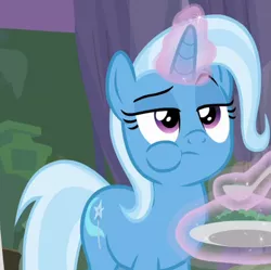 Size: 450x448 | Tagged: cropped, derpibooru import, eating, glowing horn, horn, levitation, lidded eyes, magic, plate, puffy cheeks, raised eyebrow, safe, screencap, solo, spoon, student counsel, telekinesis, trixie