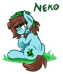 Size: 1200x1400 | Tagged: safe, artist:glimglam, derpibooru import, oc, oc:neko, unofficial characters only, pony, hat, looking back, raised hoof, rear view, sharp teeth, simple background, sitting, teeth, transparent background