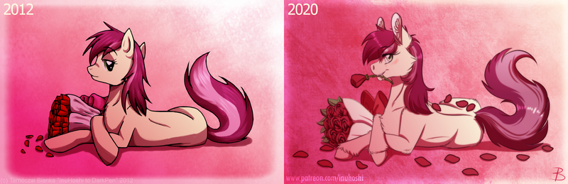 Size: 3000x971 | Tagged: safe, artist:inuhoshi-to-darkpen, derpibooru import, roseluck, earth pony, pony, 2012, 2020, art evolution, bouquet, female, flower, flower in mouth, mare, mouth hold, petals, pink background, prone, remake, rose, rose in mouth, simple background, solo