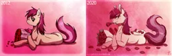 Size: 3000x971 | Tagged: safe, artist:inuhoshi-to-darkpen, derpibooru import, roseluck, earth pony, pony, 2012, 2020, art evolution, bouquet, female, flower, flower in mouth, mare, mouth hold, petals, pink background, prone, remake, rose, rose in mouth, simple background, solo