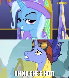 Size: 1272x1440 | Tagged: derpibooru import, edit, edited screencap, female, hoo'far, male, meme, no second prances, oh no he's hot, road to friendship, safe, screencap, shipping, straight, trixfar, trixie