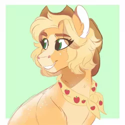 Size: 1200x1200 | Tagged: safe, artist:scarletskitty12, derpibooru import, applejack, earth pony, pony, the last problem, abstract background, alternate hairstyle, blaze (coat marking), coat markings, cowboy hat, cute, ear fluff, eye clipping through hair, eyebrows visible through hair, female, granny smith's scarf, green background, hat, jackabetes, leg fluff, mare, older, older applejack, short hair, simple background, solo