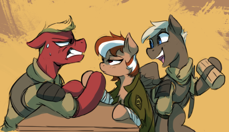 Size: 1024x593 | Tagged: safe, artist:anticular, derpibooru import, oc, oc:ace (fallout equestria: red 36), oc:roulette, oc:twister (fallout equestria: red 36), unofficial characters only, earth pony, pegasus, fallout equestria, fallout equestria: red 36, armor, arm wrestling, cider, cider mug, clothes, fanfic art, female, hoof wrestle, jacket, male, mare, mug, ncr, new canterlot republic, simple background, stallion, strong, struggling, sweat, table, uniform