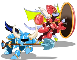 Size: 4400x3400 | Tagged: safe, artist:lightning-bliss, derpibooru import, oc, unofficial characters only, dragon, pony, unicorn, armor, crossover, duo, shield, shield knight, shovel, shovel knight, simple background, transparent background, weapon