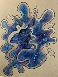 Size: 1536x2048 | Tagged: safe, artist:greyscaleart, derpibooru import, princess luna, alicorn, pony, bust, constellation, constellation freckles, ethereal mane, female, floppy ears, freckles, frown, lidded eyes, looking at you, mare, solo, starry mane, traditional art