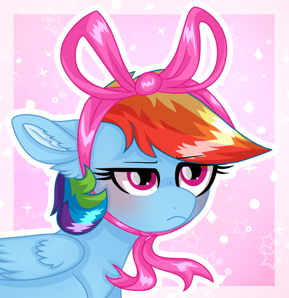 Size: 950x978 | Tagged: safe, artist:koloredkat, derpibooru import, rainbow dash, pegasus, pony, blushing, bow, cute, dashabetes, ear fluff, female, floppy ears, mare, rainbow dash is not amused, solo, stars, unamused