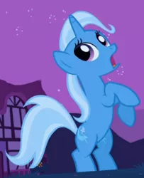 Size: 400x492 | Tagged: safe, derpibooru import, screencap, trixie, pony, unicorn, boast busters, bipedal, cropped, female, mare, open mouth, raised hoof, solo