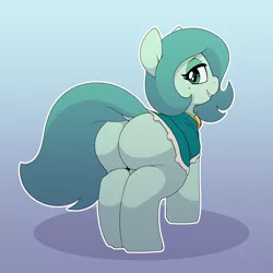 Size: 1995x1995 | Tagged: suggestive, artist:quarantinedchaoz, derpibooru import, oc, oc:emerald jewel, earth pony, colt quest, amulet, butt, child, color, colt, cute, dock, eyeshadow, femboy, foal, girly, hair over one eye, jewelry, large butt, makeup, male, plot, sheepish grin, smiling, solo, tail, trap